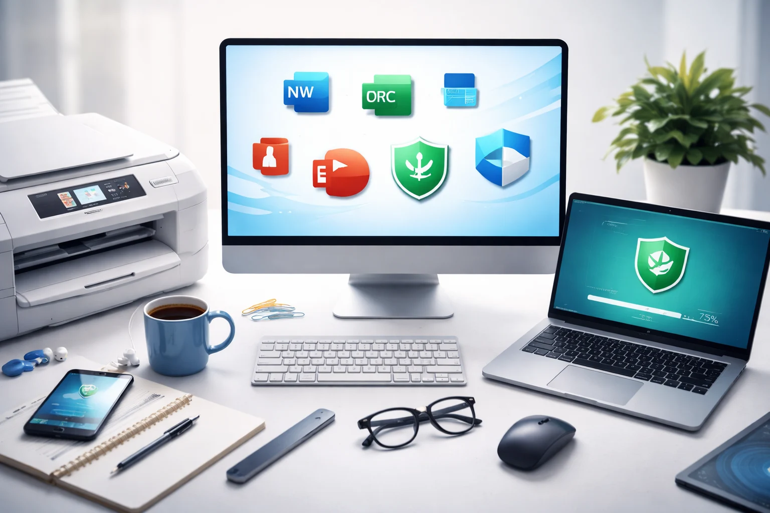 Collage of supported platforms including laptops, printers and software